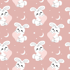 Seamless pattern with cute white bunnies on a pastel background with stars. Baby print, design for Nursery bedroom. Vector