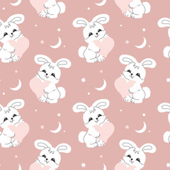 Seamless pattern with cute white bunnies on a pastel background with stars. Baby print, design for Nursery bedroom. Vector