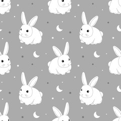 Seamless pattern with cute white bunnies on a pastel background with stars. Baby print, design for Nursery bedroom. Vector