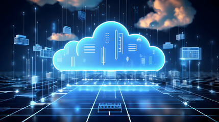 Cloud computing concept background. Digital data processing in the virtual cloud abstract background. Glowing digital cloud with pixels, lines, connectivity, and data flow in the virtual world. 