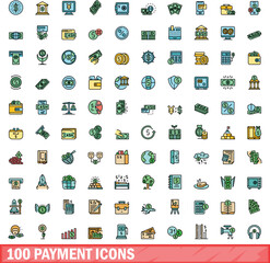 100 payment icons set. Color line set of payment vector icons thin line color flat on white