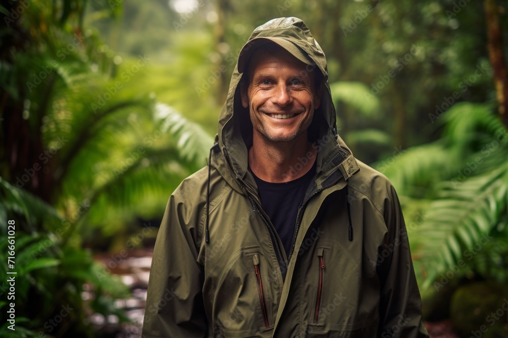 Wall mural Portrait of a cheerful man in his 40s donning a durable down jacket against a lush tropical rainforest. AI Generation - Wall murals