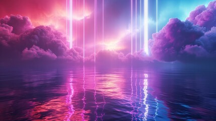 3d render, abstract neon background with cloud, glowing vertical lines and water. Fantastic seascape  