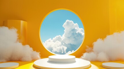 3d render, abstract sunny yellow background with white clouds and blue round hole. Simple geometric showcase scene with empty podium for product presentation   