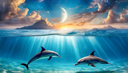 background of amazing crescent full moon over the sea and dolphins under the sea