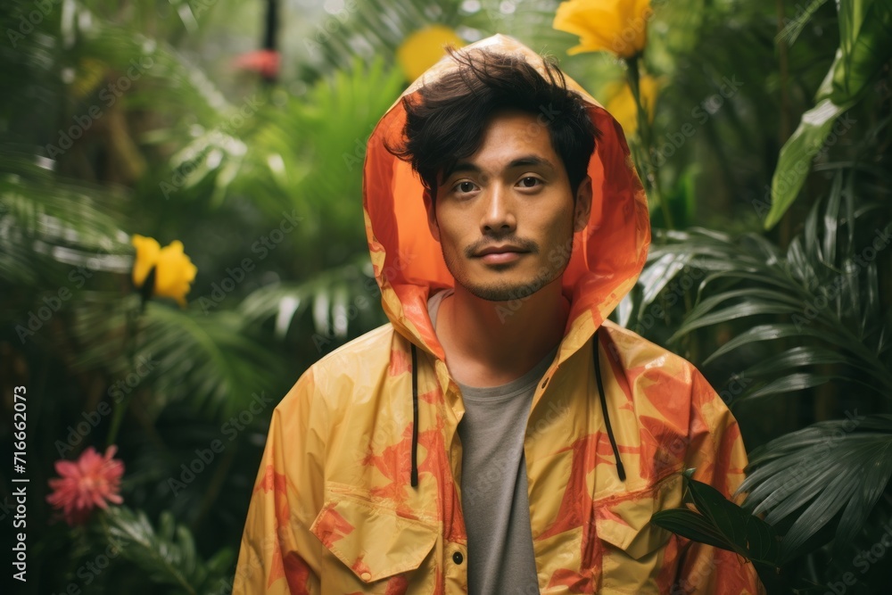 Wall mural Portrait of a blissful asian man in his 20s wearing a vibrant raincoat against a lush tropical rainforest. AI Generation - Wall murals