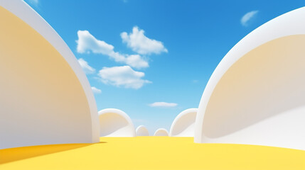 Ephemeral Mirage: A Captivating 3D Render Surreal Desert Landscape with Yellow Arches, Unveiling an Enchanting Dreamscape of Sandstone Wonders and Ethereal Grandeur, Weaving a Mesmeric Ballet 