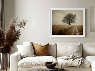 Steppe modern wall print in the style of soft edges in a cozy interior of brown and white colors. High quality