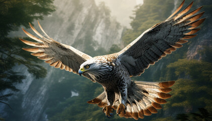 side view and wide shot of a majestic falcon with white