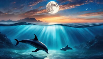 background of amazing crescent full moon over the sea and dolphins under the sea