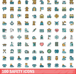 100 safety icons set. Color line set of safety vector icons thin line color flat on white
