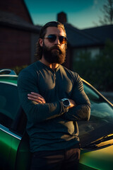 Fototapeta premium Man Standing Next to Green Car. Generative AI.