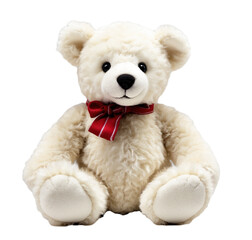 A white teddy bear with bow in PNG format or on a transparent background. Decoration and design element for a project, banner, business, presentation.  A plush cute children's toy.