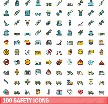 100 safety icons set. Color line set of safety vector icons thin line color flat on white
