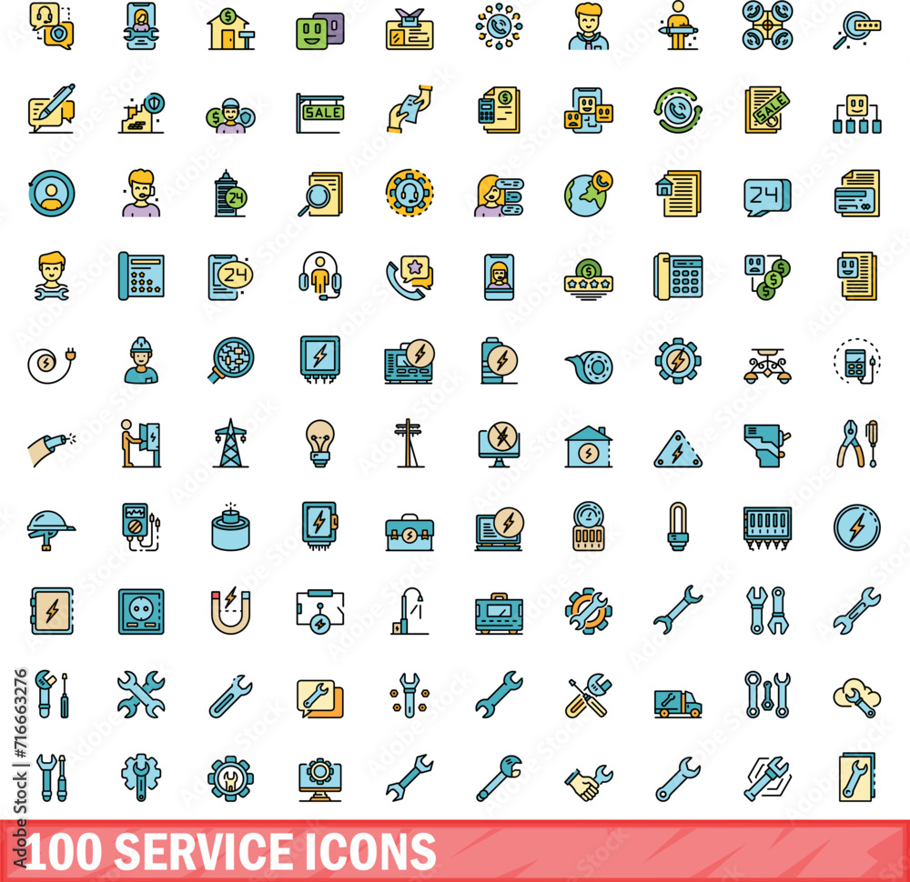 Poster 100 service icons set. color line set of service vector icons thin line color flat on white