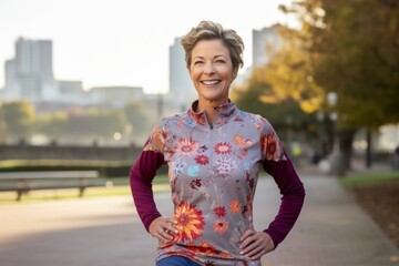 Portrait of a smiling woman in her 50s wearing a moisture-wicking running shirt against a vibrant...