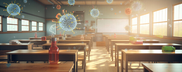 Empty classroom with flying bacteries around. - obrazy, fototapety, plakaty
