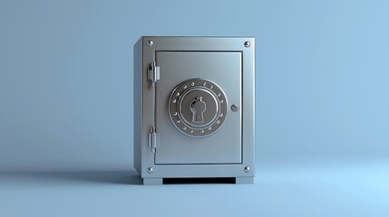 3d render, closed metallic safe box isolated on blue background. Frontal view. Banking safety clip art.   