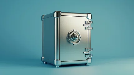 Foto op Canvas 3d render, closed metallic safe box isolated on blue background. Frontal view. Banking safety clip art.    © Emil