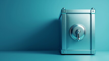 3d render, closed metallic safe box isolated on blue background. Frontal view. Banking safety clip art.   