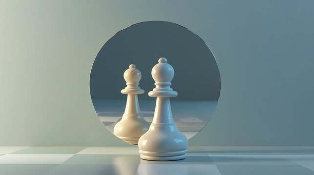 3d render, chess game white pawn piece stands in front of the round mirror where white king reflects. Contradiction metaphor. Perceptual distortion concept. Minimalist composition   