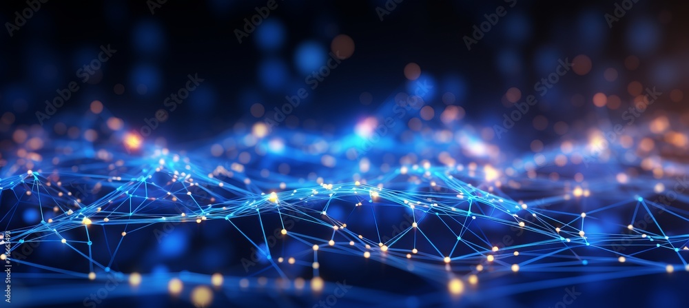 Poster blue cyberspace background with dot wave and weave lines for data and network security design