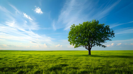 One tree on a wide grass plain with a blue light sky. A beautiful landscape bright sunny day. High-resolution