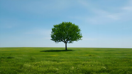 Fototapeta na wymiar One tree on a wide grass plain with a blue light sky. A beautiful landscape bright sunny day. High-resolution