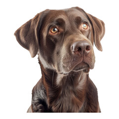 Studio headshot portrait of Chocolate Labrador retriever with quirky expression