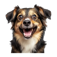 studio headshot portrait of brown white and black medium mixed breed dog smiling