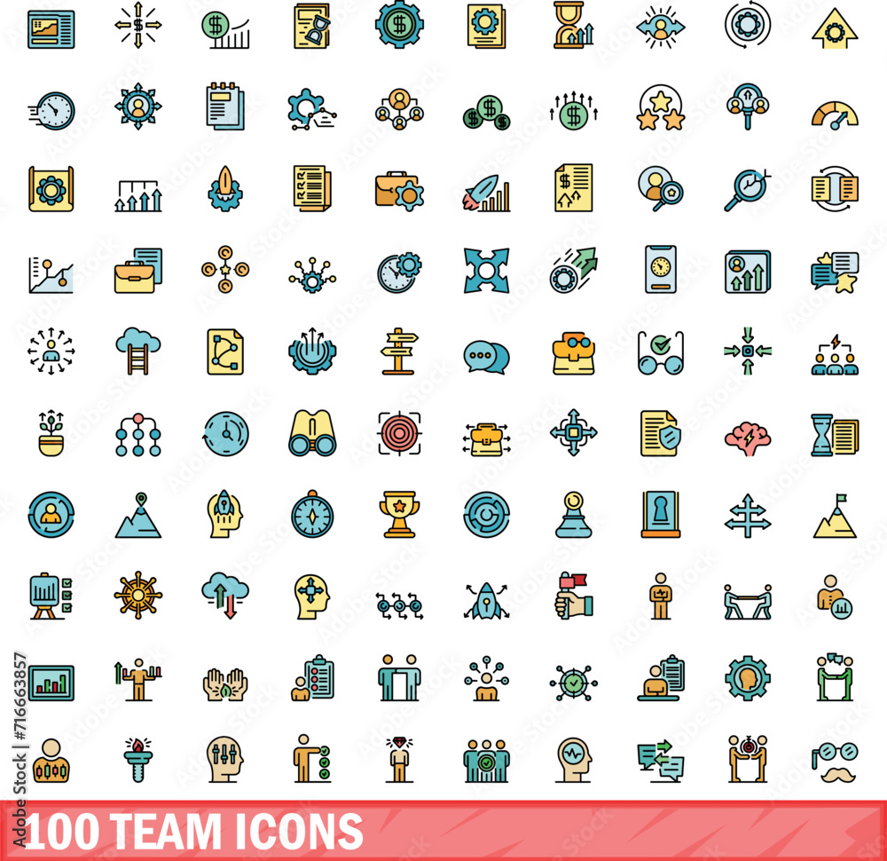 Poster 100 team icons set. color line set of team vector icons thin line color flat on white