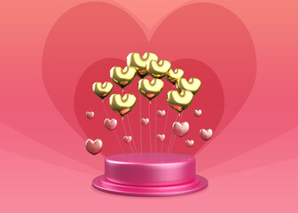 3D Pedestal with gold heart balloons