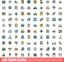 100 team icons set. Color line set of team vector icons thin line color flat on white