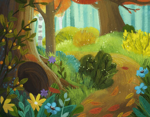 cartoon scene with magicaly looking meadow in the forest in sunny day illustration for children