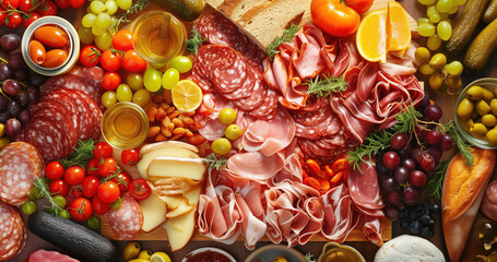 deli meats, delicatessen top view, various salted meat, pork ham chorizo salami, nuts olive tomato,...