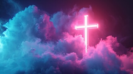 3d render, mystical cloud and cross sign glowing with pink blue neon light, abstract background   