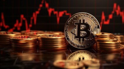 3D gold Bitcoin on price candlestick chart background.  Market crash, Dropping down. Price Value Decrease Recession, Loss. Generated AI.