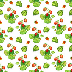 Seamless pattern with strawberry garden. Summer cottage core digital paper, fabric design.