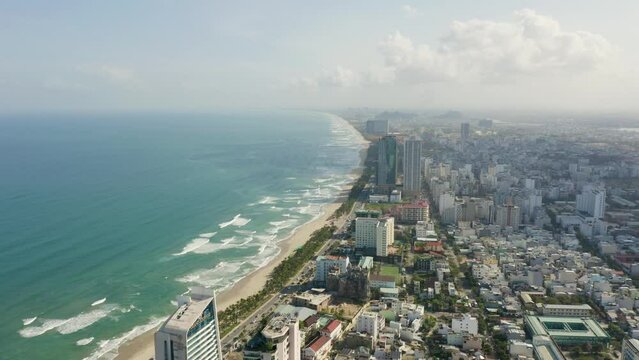 Beautiful Beaches of Da Nang, Vietnam.  4k Aerial Drone Footage