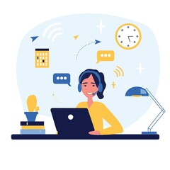 Young smiling woman with headphones and a microphone with a laptop.Concept illustration for customer service, assistance, call center. Online customer support and helpdesk. Cartoon illustration