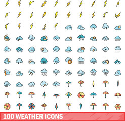 100 weather icons set. Color line set of weather vector icons thin line color flat on white