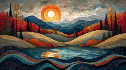 Foto op Plexiglas Landscape art, pop art deco, colorful painting with hills and lakes. © Максим