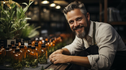 A perfumer creates a new scent in his workshop. AI generated