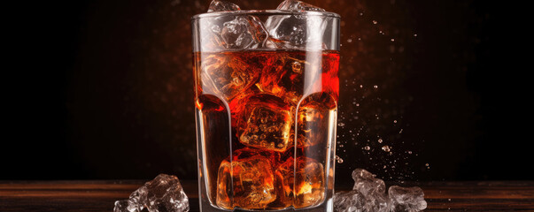 Cool ice with coke in glass on dark background. Cola drink with ice cubes.