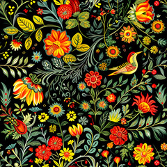 Dark mystery forest on a black background in Russian style. Seamless pattern. Yellow red flowers with green leaves and bird. High quality