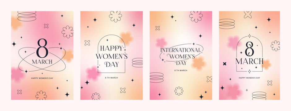 8 March. International Women's Day banner, set greeting card. Trendy gradients, blurry shapes, typography, y2k, linear forms. Minimalist vector design for party, ads, cover, social media templates.