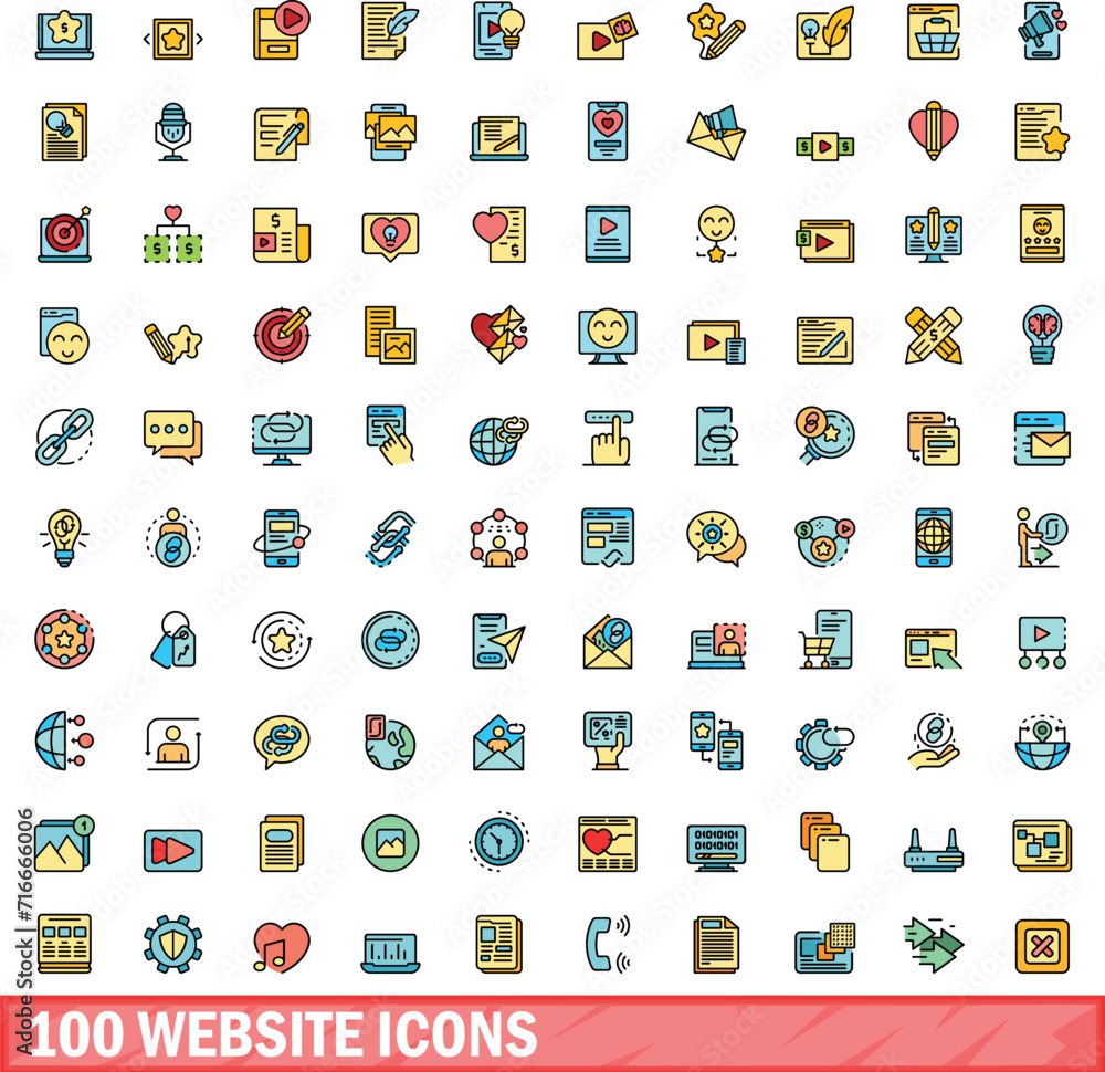 Poster 100 website icons set. color line set of website vector icons thin line color flat on white