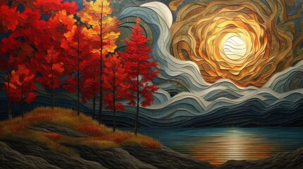 Landscape art, pop art deco, colorful painting with hills and lakes.