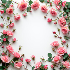 Floral roses flowers and leaves form up a shape of circle frame and empty copy space at center. Floral frame mockup. Blank copy space background

