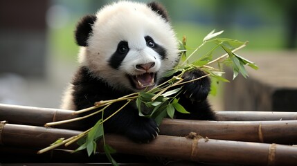 Adorable panda bear happily munching on fresh bamboo stalks in a lush green forest - obrazy, fototapety, plakaty